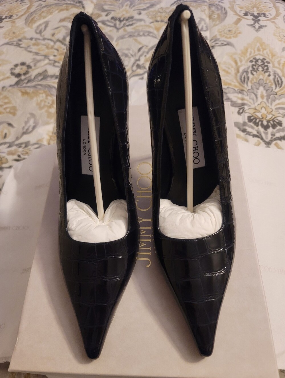 Jimmy Choo Ixia 95 Marine Shiny Croc Embossed Leather Heels Black